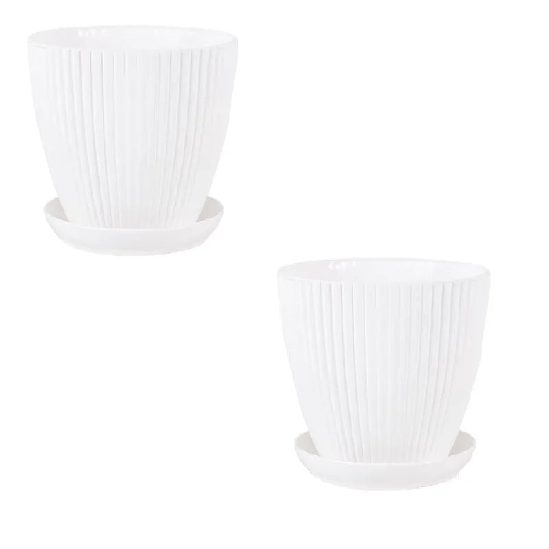 Set of two plastic ribbed plant pots with matching trays, white