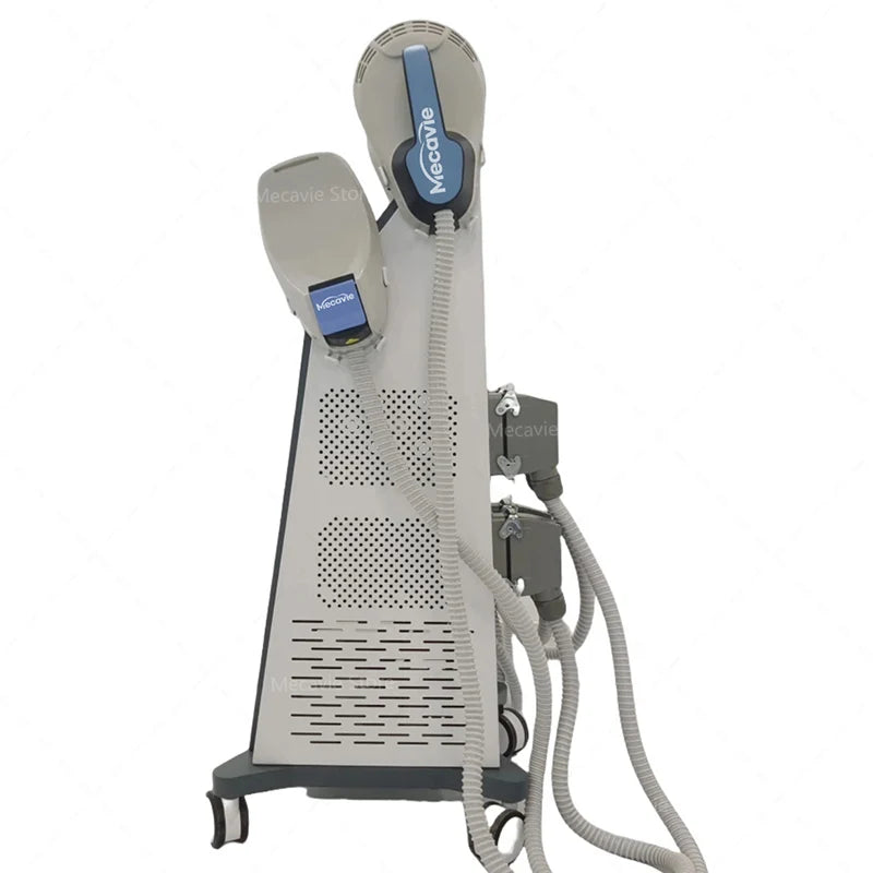 MECAVIE 6500W EMS RF body shaper machine with 4 applicators on a rolling stand for professional muscle stimulation.