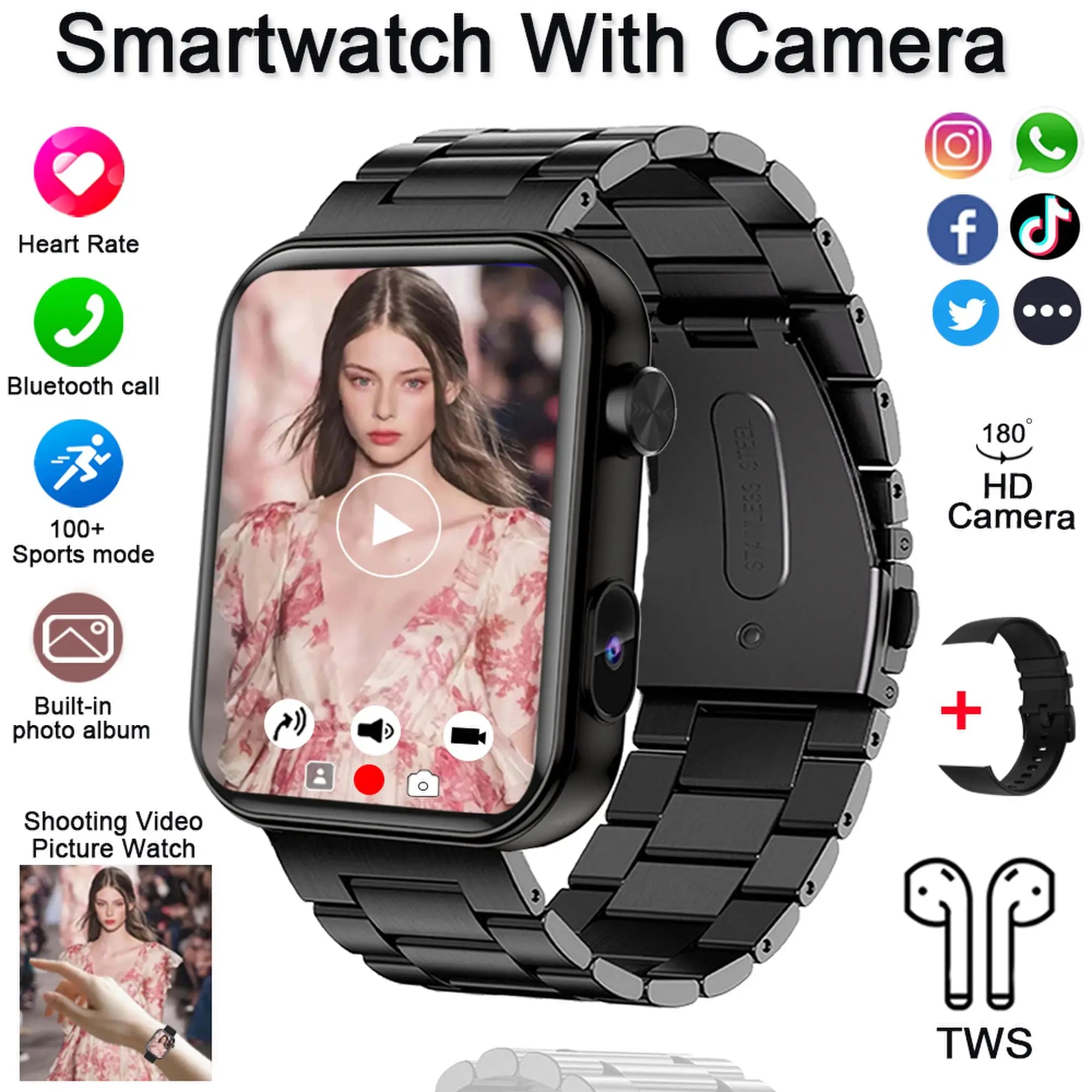 Black metal link smart watch with camera screen, side buttons, and matching TWS earphones