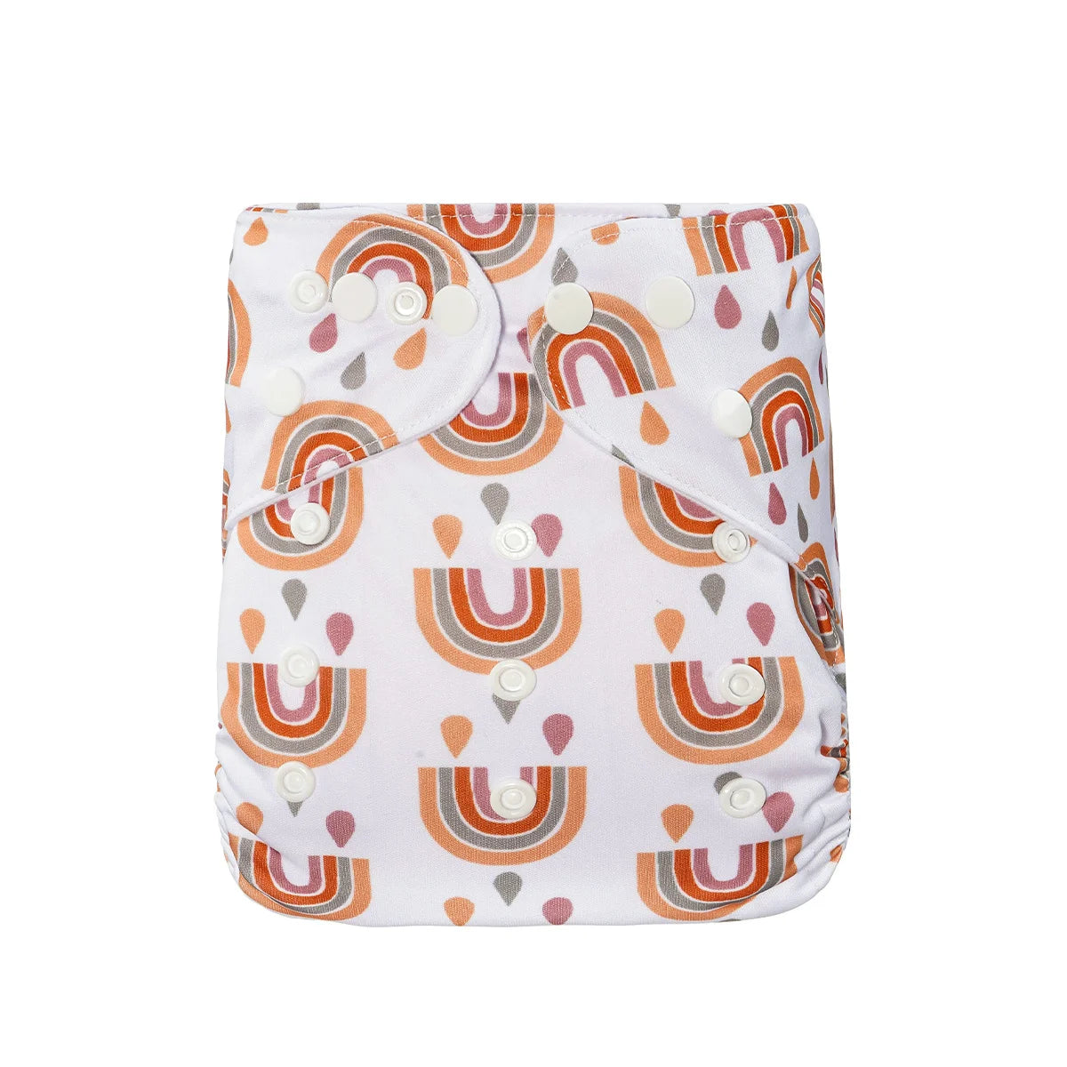 Reusable cloth baby diaper with adjustable snaps and a white, orange, and pink rainbow print.
