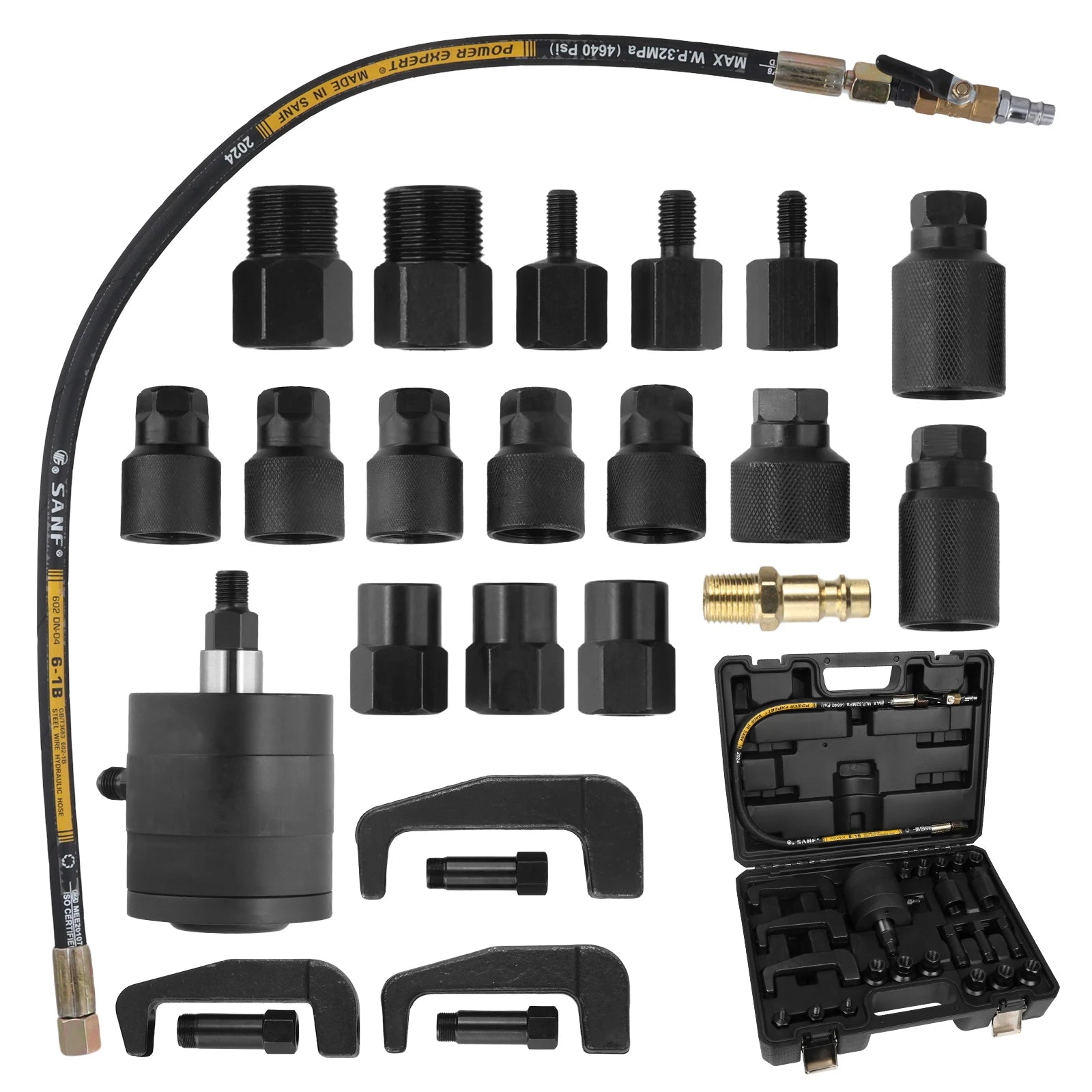 Podofo 24pcs Pneumatic Diesel Injector Puller Tool Professional Air Vibration Injector Removal Extractor Tool for Removing Stuck Fuel Injectors in Diesel Engines with 19Pcs Adapters&Box