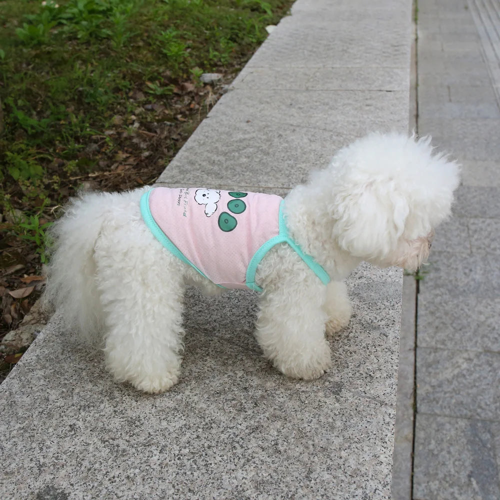 Small dog wearing breathable pink ice silk cooling suspender vest, perfect for keeping pets comfortable in summer.