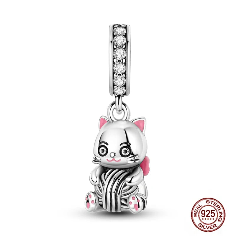 Cute 925 sterling silver kitten charm with pink accents, fits bracelets, perfect for pet lover DIY jewelry.