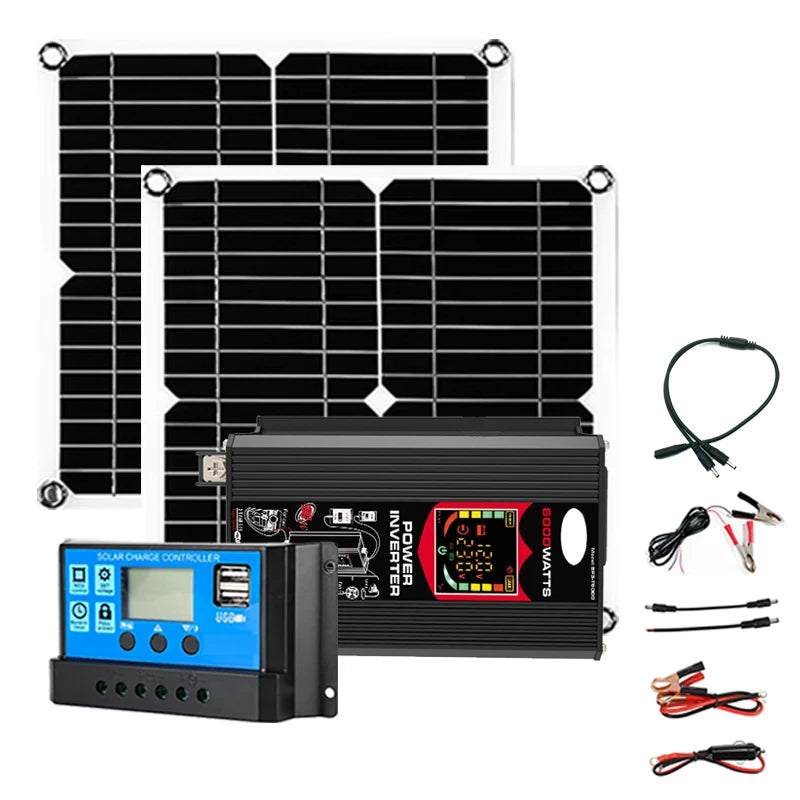 6000W 220v full set for house Inverter 30A Controller 200W Solar Panel Portable solar generator photovoltaic kit Camping For Car