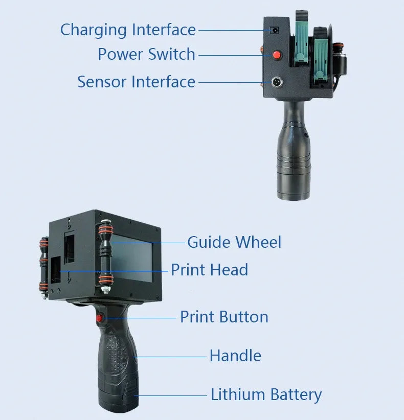 Handheld thermal inkjet printer with power switch, sensor interface, handle, and print head