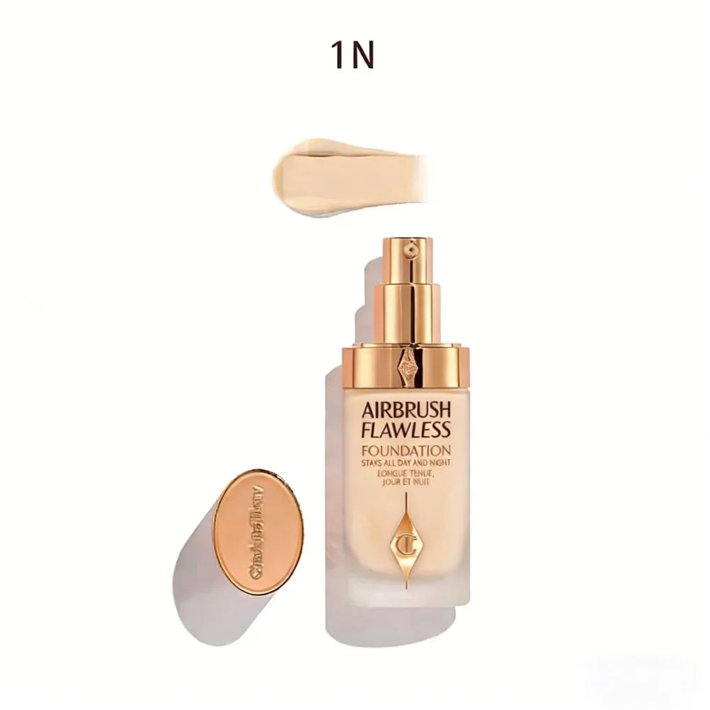 Charlotte Tilbury Airbrush Flawless Foundation 1N, liquid texture, gold pump bottle with swatch on white background.