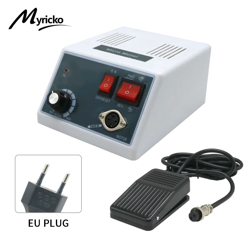 White micro motor control box with speed dial, two red switches, handpiece port, and a black foot pedal with EU plug.