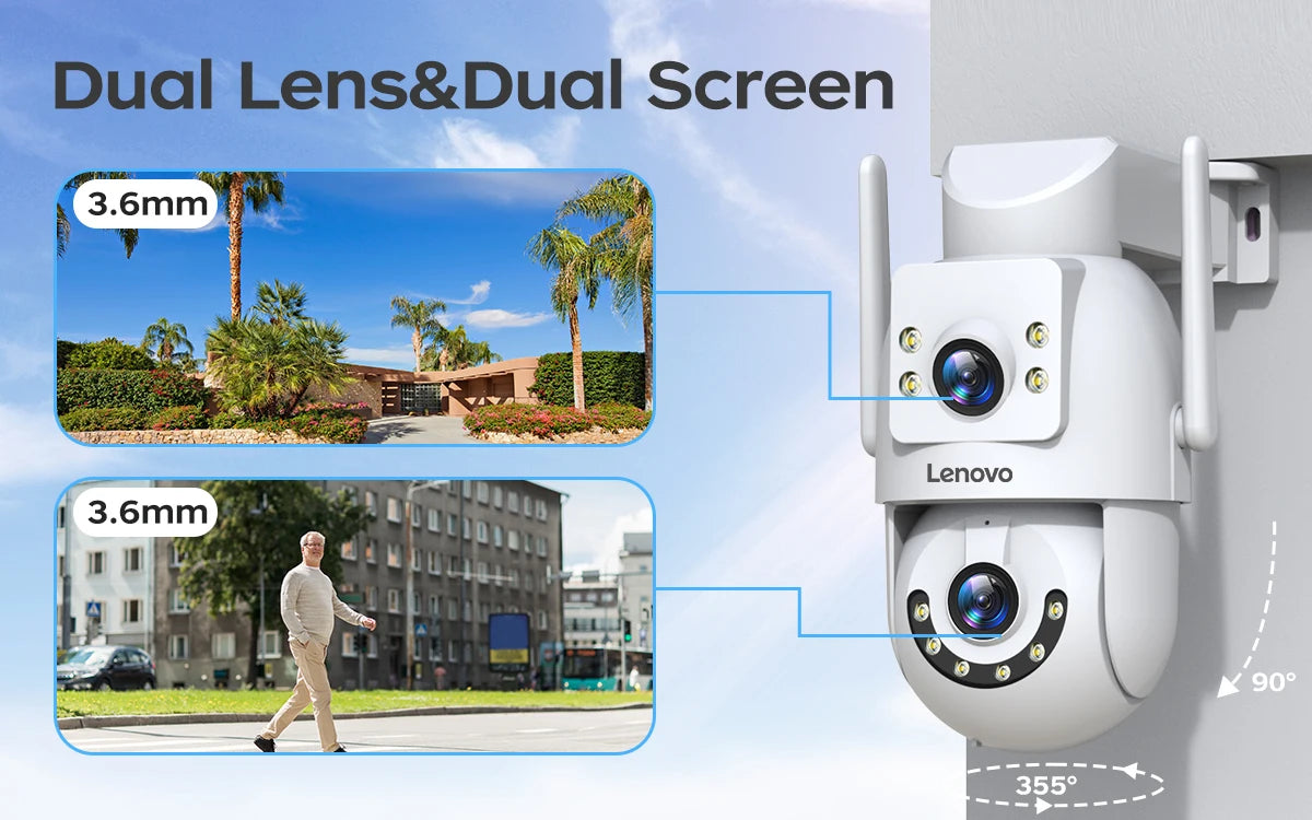Lenovo 8MP Outdoor Security Camera with Dual Lens AI Tracking PTZ Color Night Vision Waterproof Home Surveillance Protection