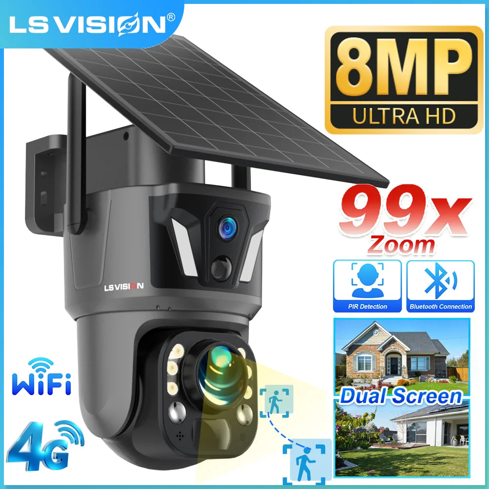 LS VISION 4K 99X Zoom 4G/WIFI Solar Camera Dual Screen PTZ Battery Outdoor Wifi Camera Ai Human Auto Zoom Tracking CCTV Security