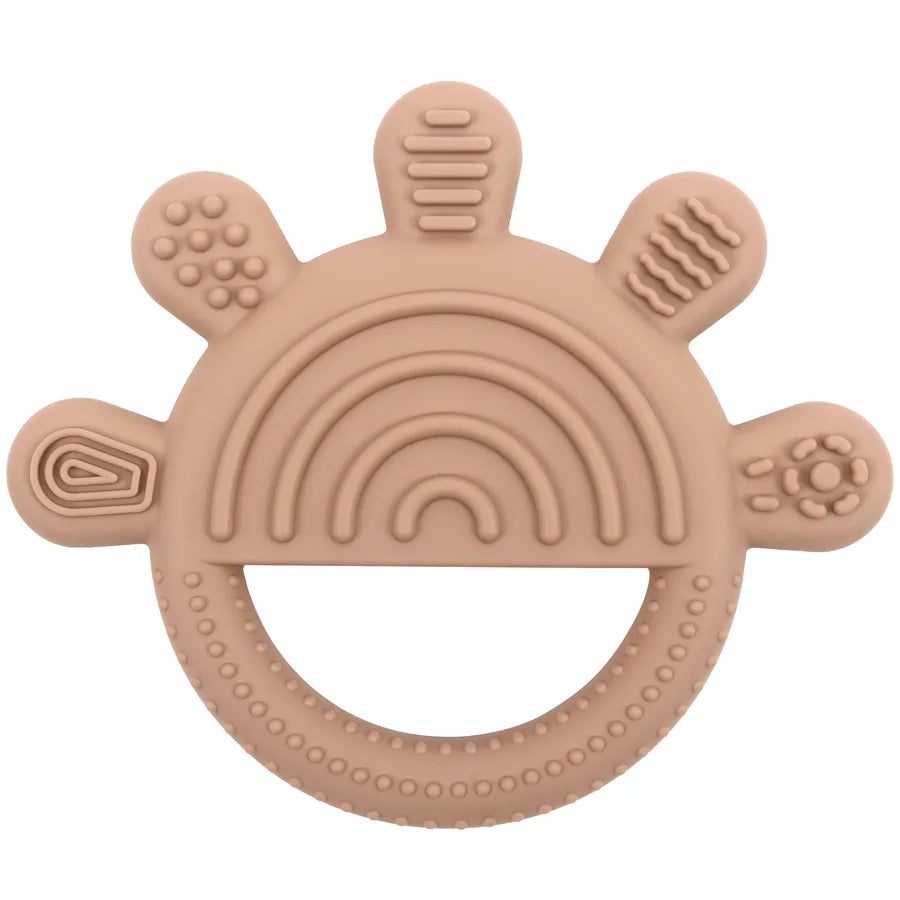 Beige silicone baby teething ring with sensory textures for soothing sore gums.