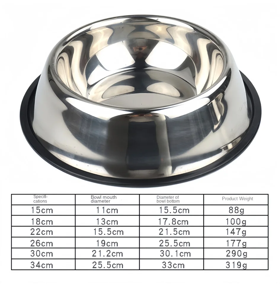Durable stainless steel pet bowl for dogs and cats. Easy-to-clean metal feeding dish, available in 6 sizes for all pets.