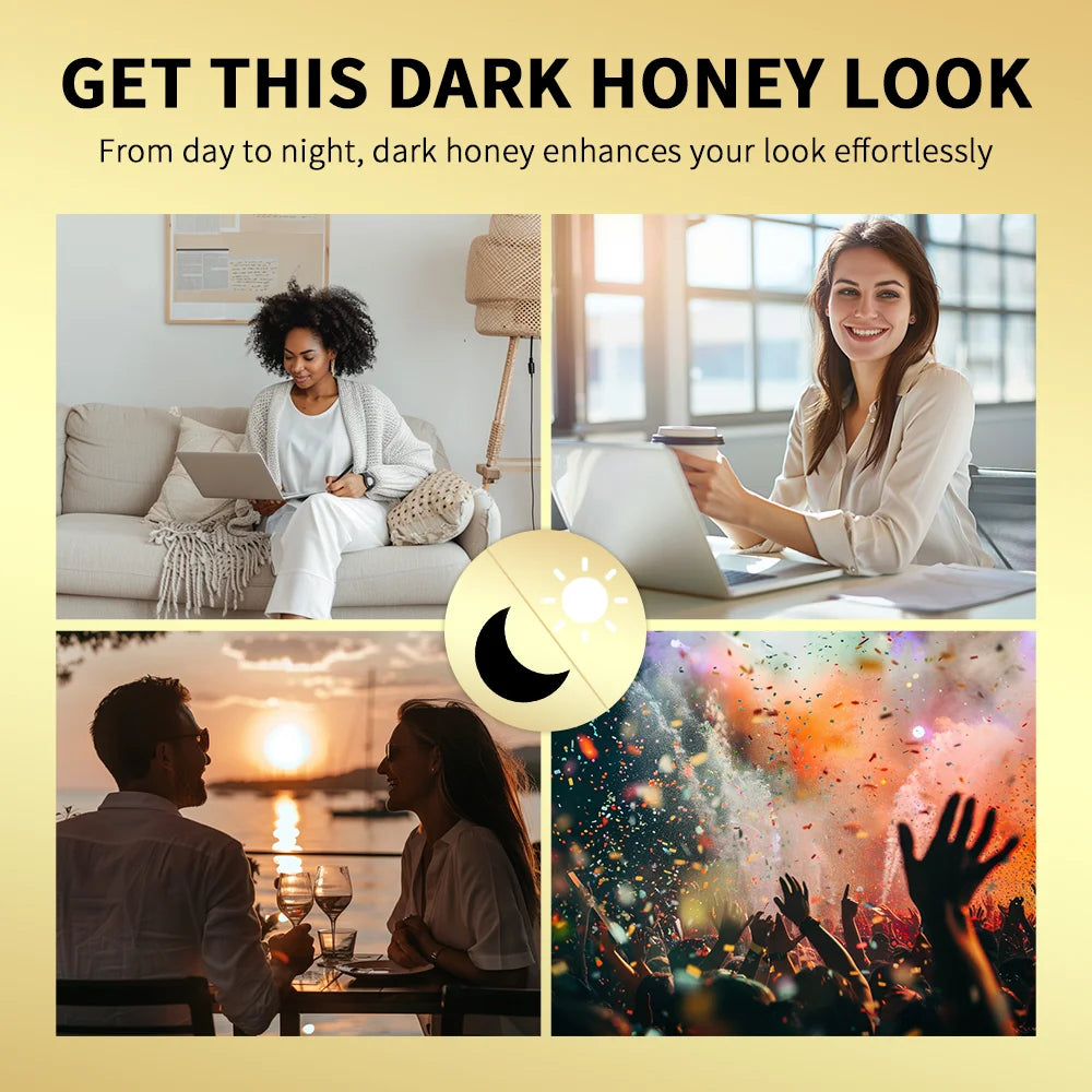 Dark honey lip balm collage showing day-to-night moisturizing makeup for plump, nourished, and healthy-looking lips.