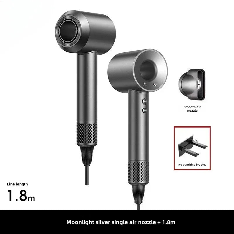 Silver ionic hair dryer with smooth nozzle, wall bracket, and 1.8m cord for professional styling and blowouts.