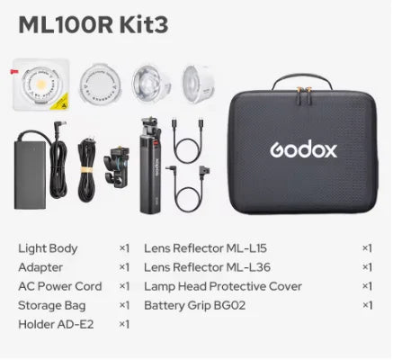 ML100R Kit3 photography light set with reflectors, power adapter, battery grip, mounting holder, and a carrying case.