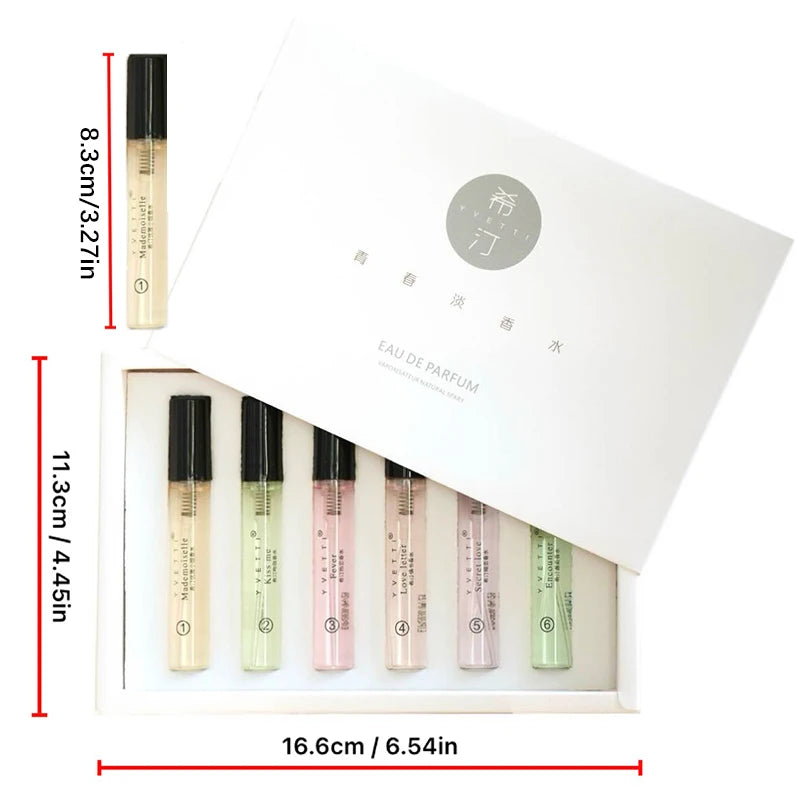 HOPE CHRISTINE 6pc Eau de Parfum gift set. Slim, sleek glass perfume vials in a white box. Long-lasting floral scent.