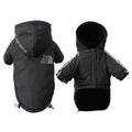 Black waterproof dog winter jacket with reflective strips, warm hooded snowsuit for small to large dogs.