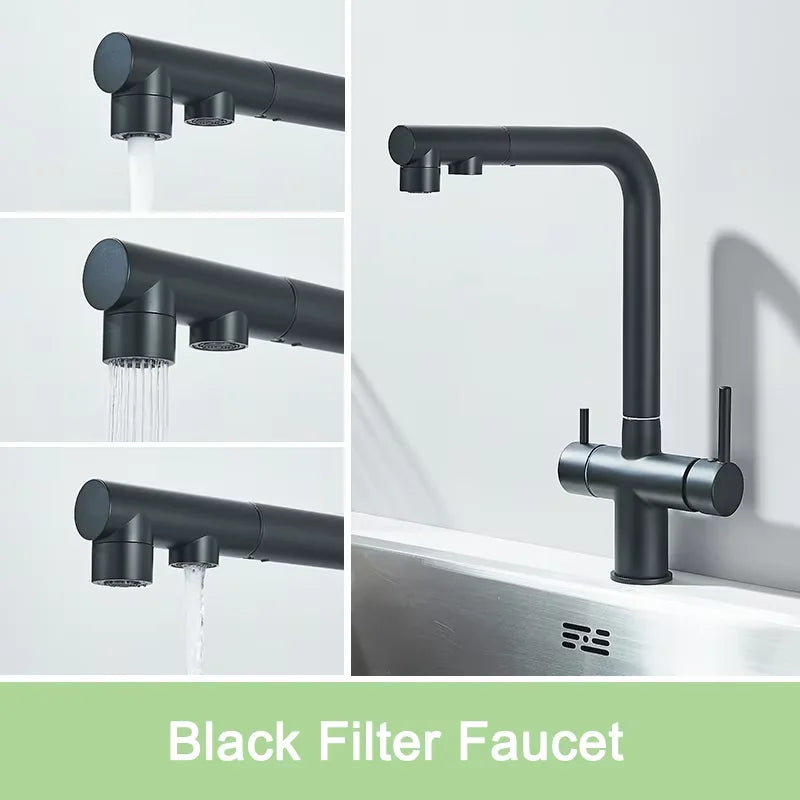 Black Water Purifier Kitchen Faucet 2 In 1 Pull Out Flexible Hot and Cold Water Mixer Tap with Filter Nozzle Faucets