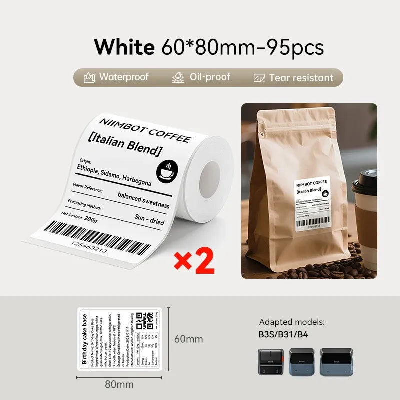White 60x80mm label stickers roll, 95 pcs, waterproof oil-proof tear-resistant