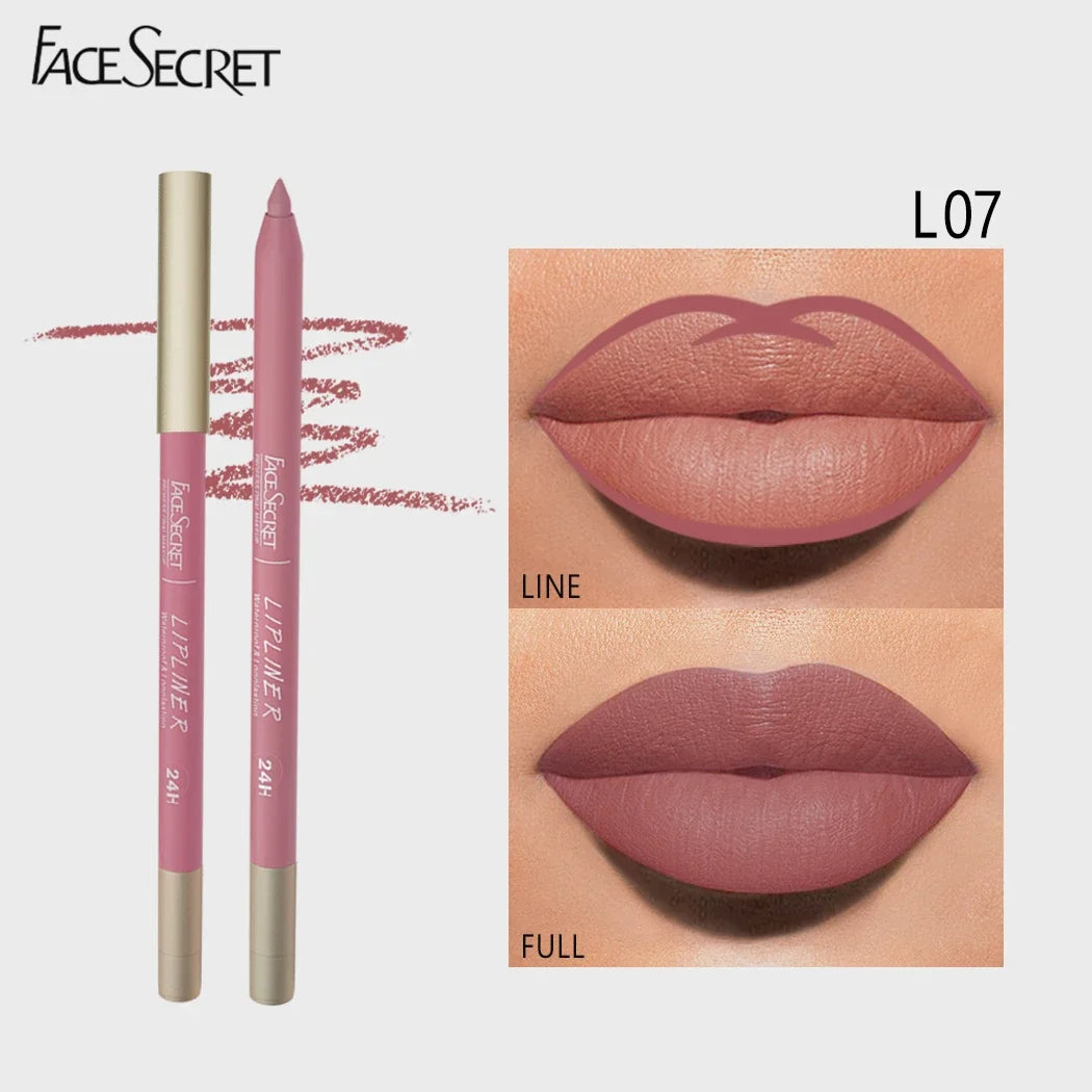 Face Secret waterproof matte lipliner pencil in L07, showing a mauve-nude velvet lip liner swatch and full lip look.
