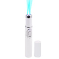 Blue light therapy pen for skin treatment. White cylindrical device with silver accents and a removable cap.