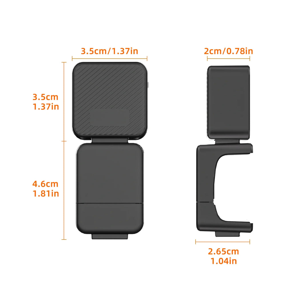 Black plastic magnetic phone mount with dimensions labeled, shown from front and side profiles.