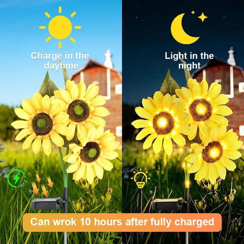 Solar sunflower LED garden lights showing daytime charge and nighttime glow