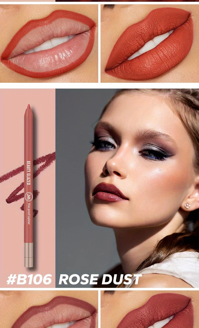 Beauty Glazed waterproof matte lip liner pencil in Rose Dust shade, showing high-pigment lip makeup application swatches.