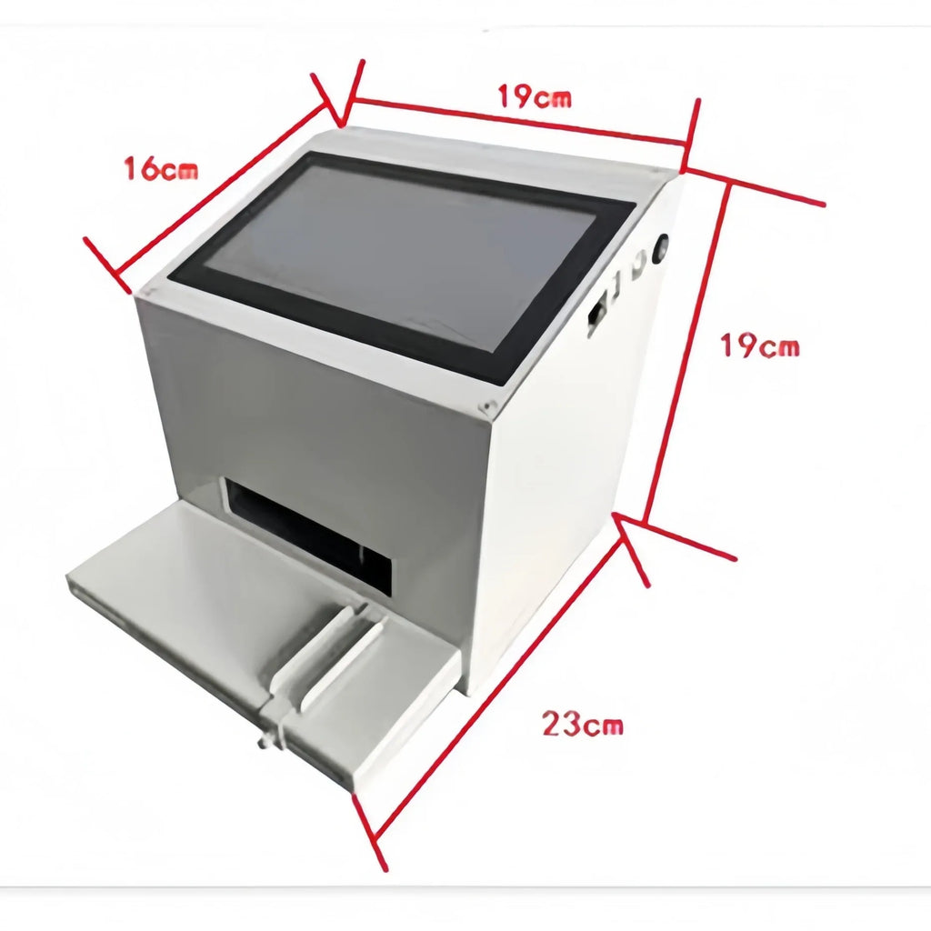 Inkjet coding printer with front display and pull-out output tray, labeled size diagram