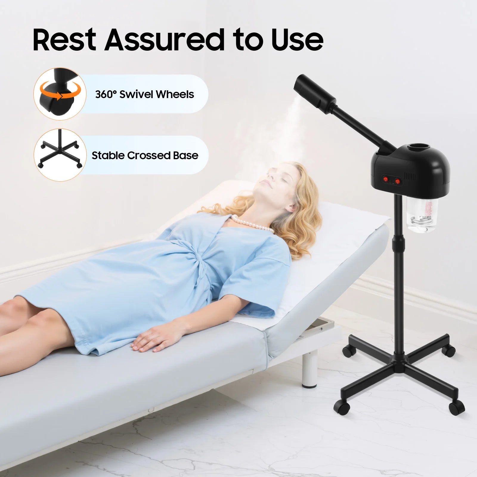Black 750ml professional facial steamer with adjustable stand, swivel wheels, and crossed base for spa skin care use.