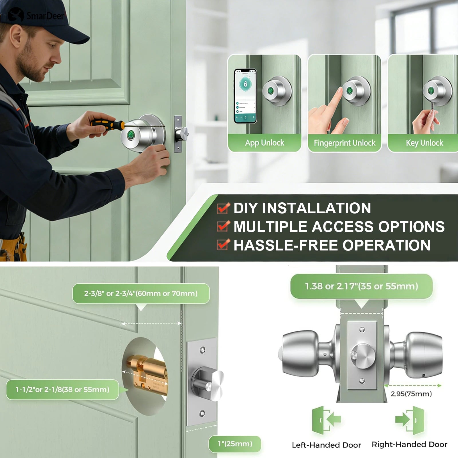 SmarDeer Fingerprint Lock for Tuya Smart Lock with Bluetooth Door Lock Keyless Entry with Fingerprint and Tuya App
