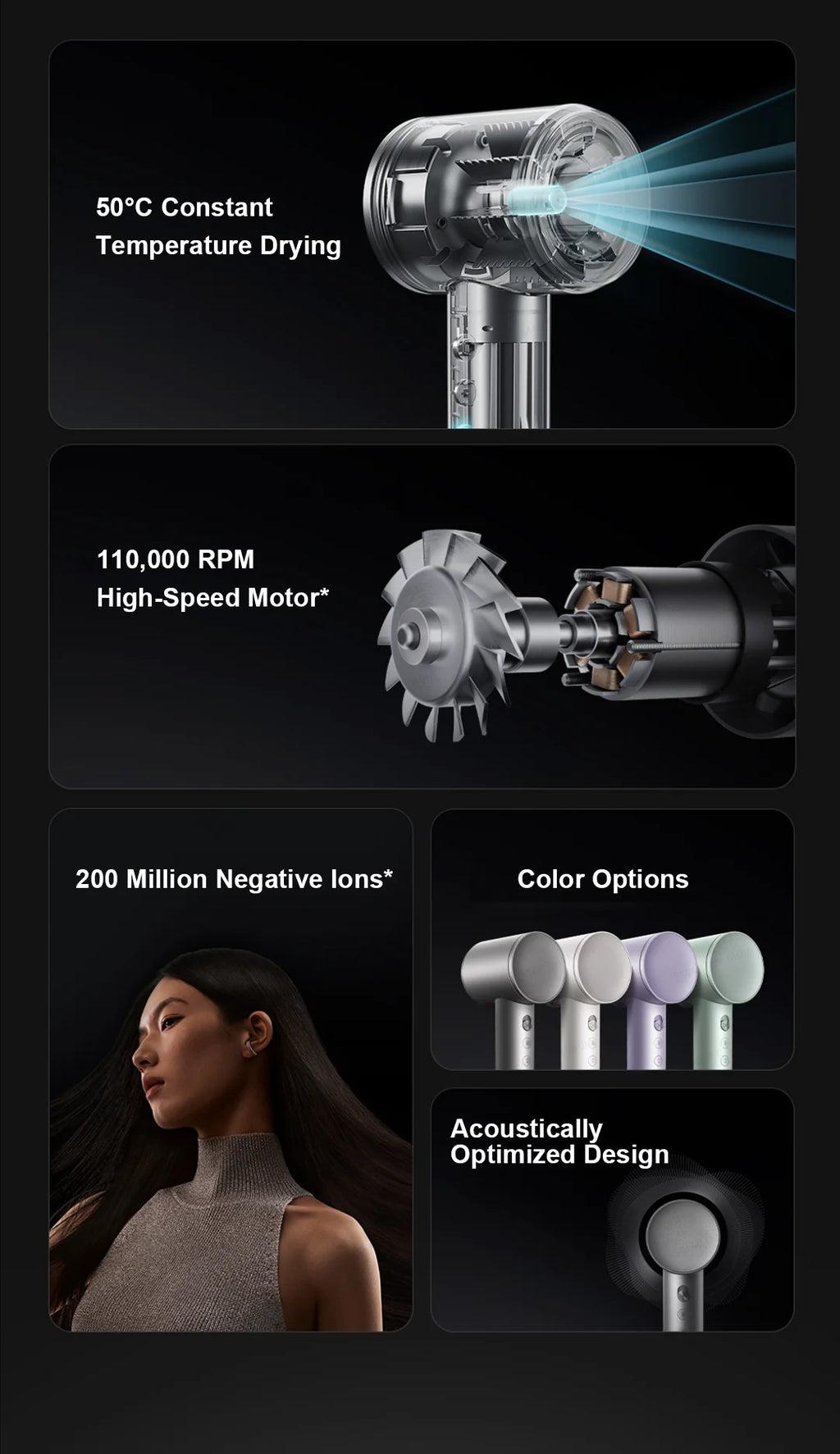 MIJIA High-Speed Hair Dryer Pro features 110k RPM motor, 200M ions, constant temp, and 4 sleek color options.