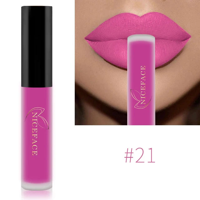 Niceface waterproof matte liquid lipstick #21 in vibrant pink, featuring a long-lasting, smooth matte finish.