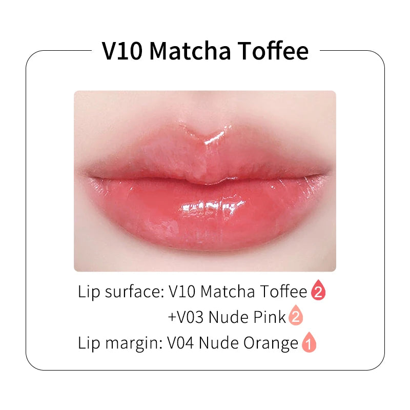 V10 Matcha Toffee glossy lipstick application showing a coral-pink finish on lips with blended color layers.