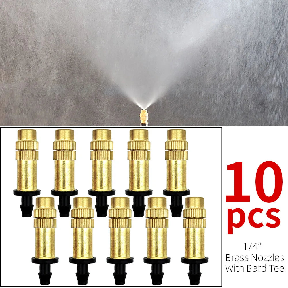 Ten brass misting nozzles with barbed tee connectors on black stems