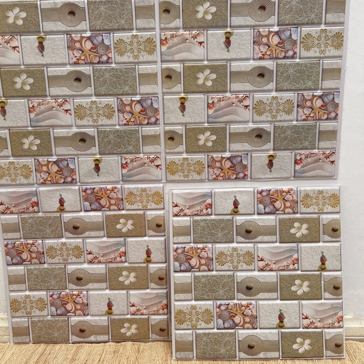 Peel-and-stick brick backsplash tiles, beige and brown decorative floral mix