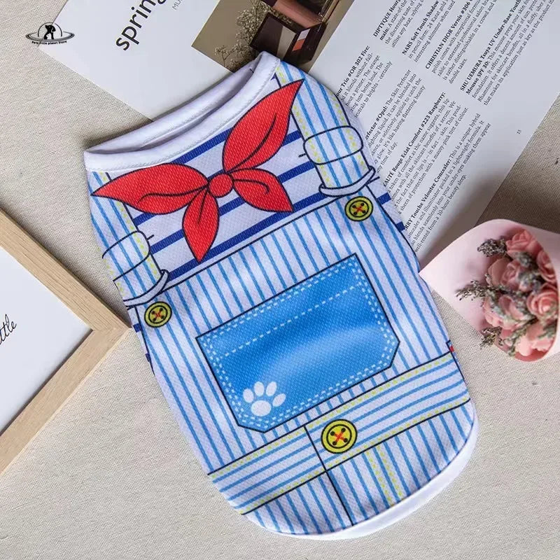 Cute cartoon puppy vest for small dogs. Blue striped summer shirt for pets with bow design for a stylish, comfy look.