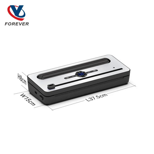 Slanted silver and black vacuum sealer machine with control panel and lid