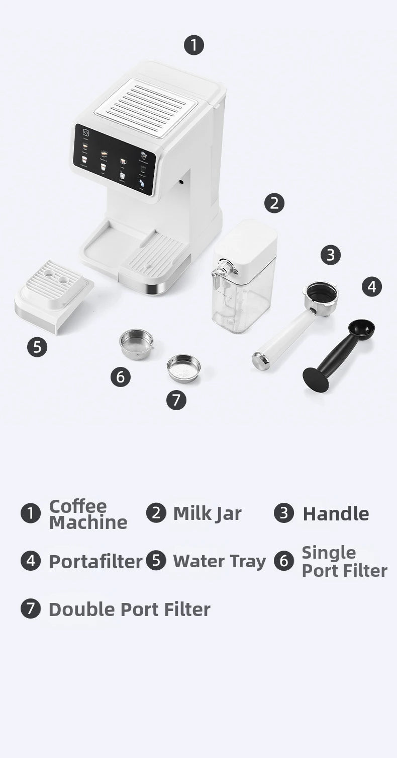 White espresso coffee machine with milk frother, portafilter, water tray, and filter baskets for home brewing.