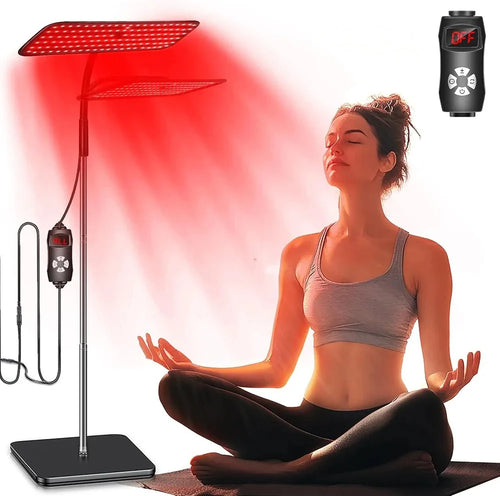 Woman meditating under a dual-panel LED red light therapy device for wellness, muscle recovery, and skin health.