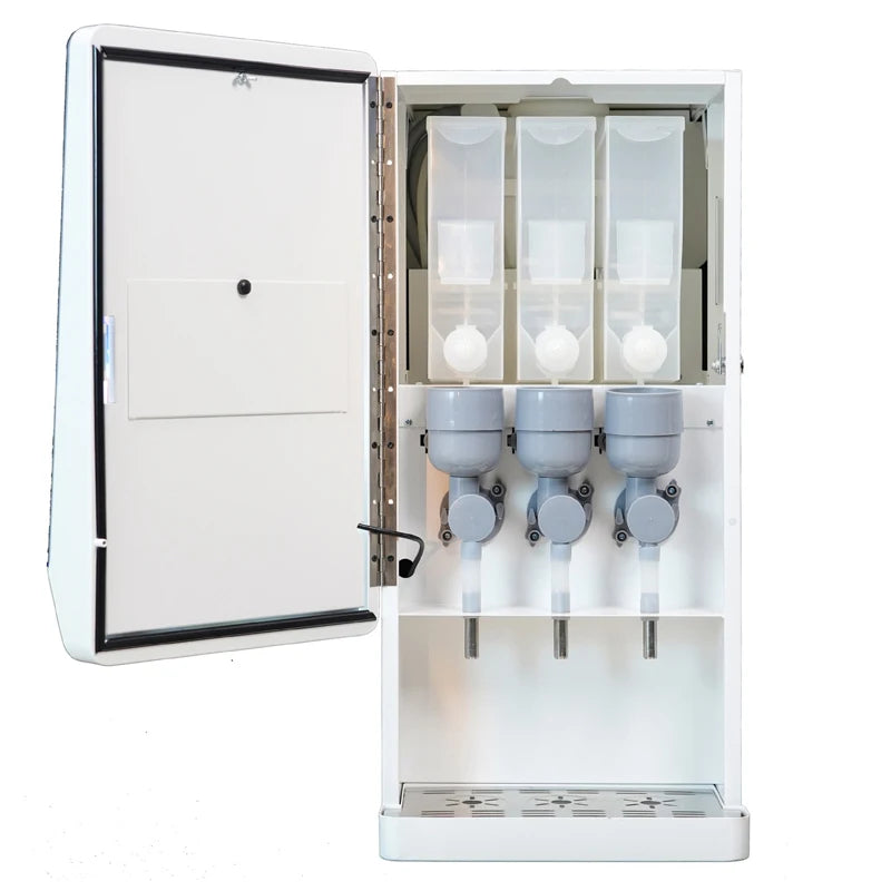 White commercial triple-canister powder dispenser for coffee and tea with steel drip tray and open door.