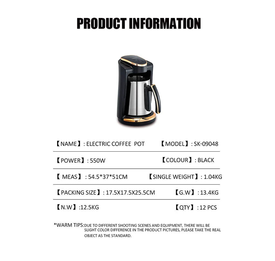 Black and gold 550W electric coffee pot, model SK-09048, featuring a sleek stainless steel carafe.