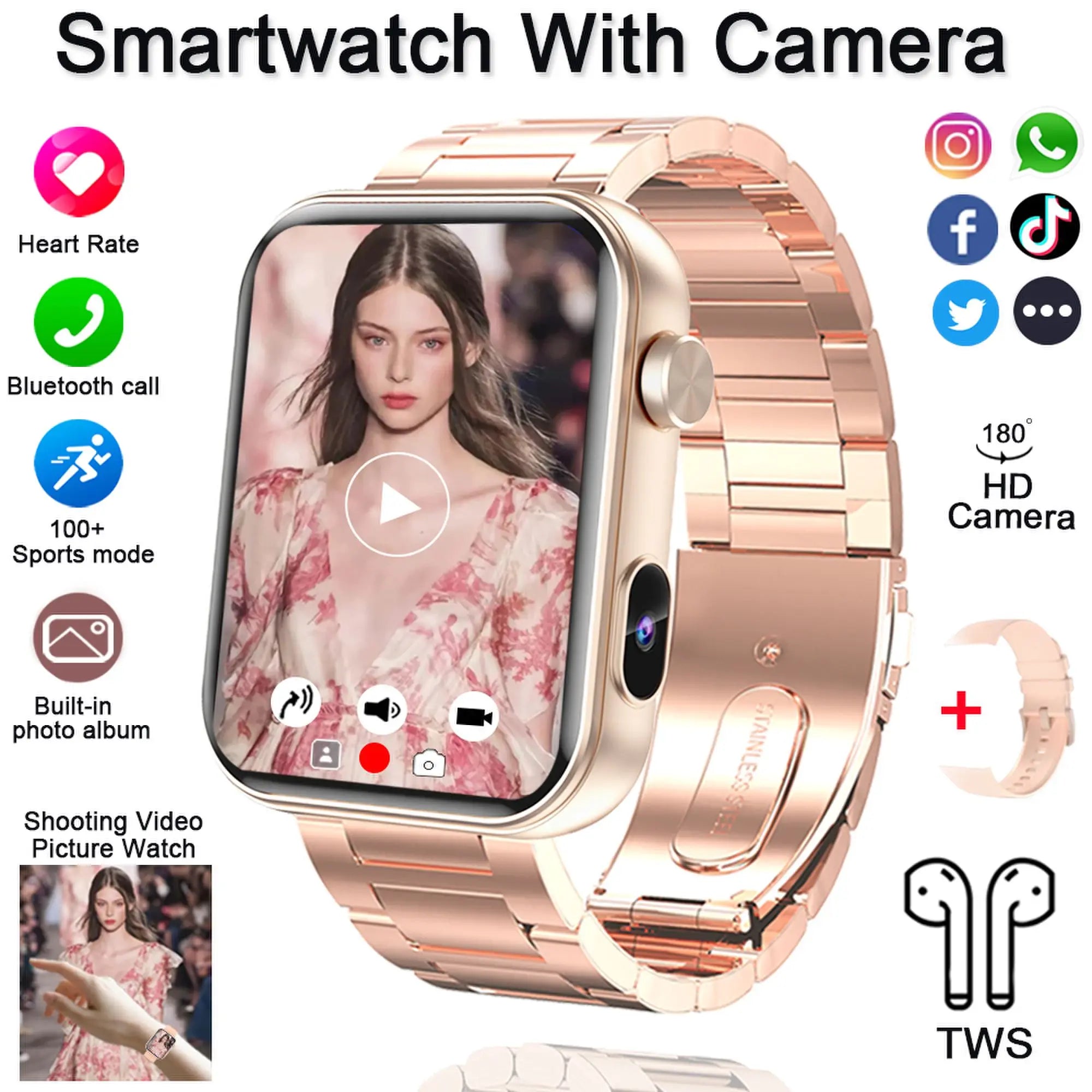 Rose gold mesh smartwatch with camera, heart rate and call icons on the display