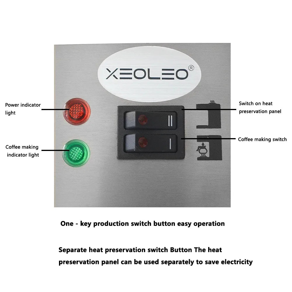 XEOLEO stainless steel coffee maker control panel with indicator lights and heat preservation switches.