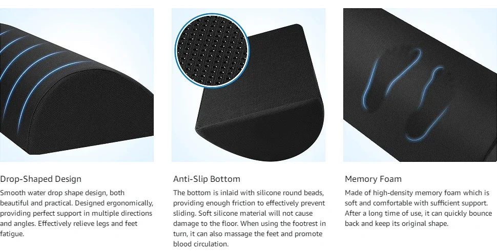 Black ergonomic memory foam under desk foot rest with drop-shaped design and anti-slip silicone bead base.
