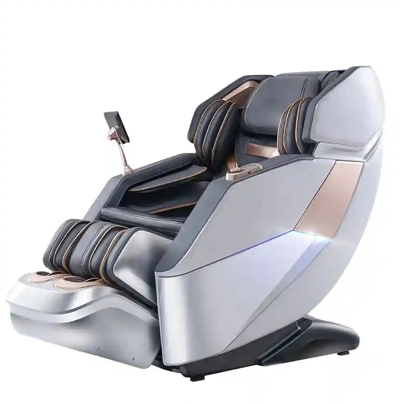 Silver and dark grey faux leather massage chair with an attached tablet controller for full-body relaxation.