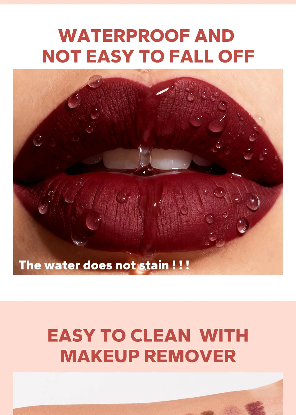 Deep brown velvet matte lipstick on lips with water droplets. Waterproof, long-lasting lip makeup.