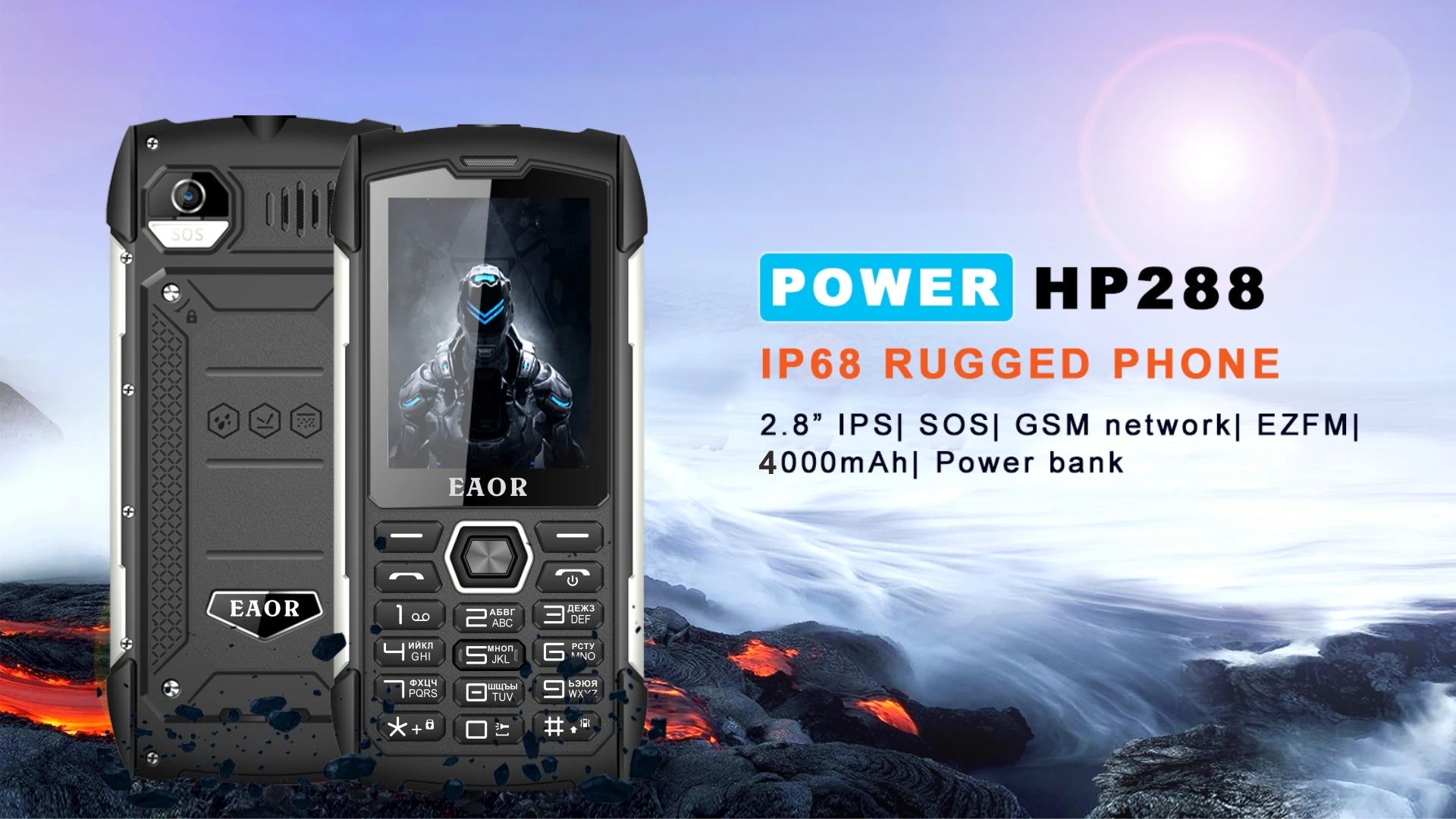 EAOR 2G Rugged Flashlight 4000mAh Big Battery Power Bank IP68 Waterproof 2.8 IPS large screen 0.3M cam MTK feature mobile Phone