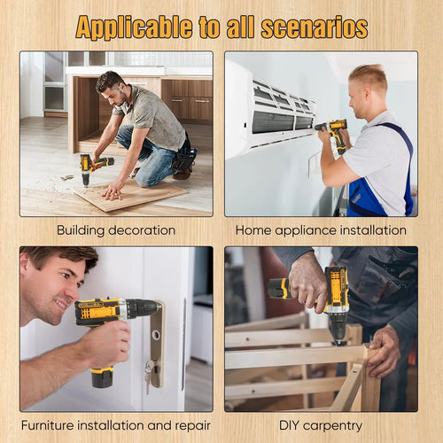 Cordless drill screwdriver shown in use for DIY tasks like furniture and appliance installation.