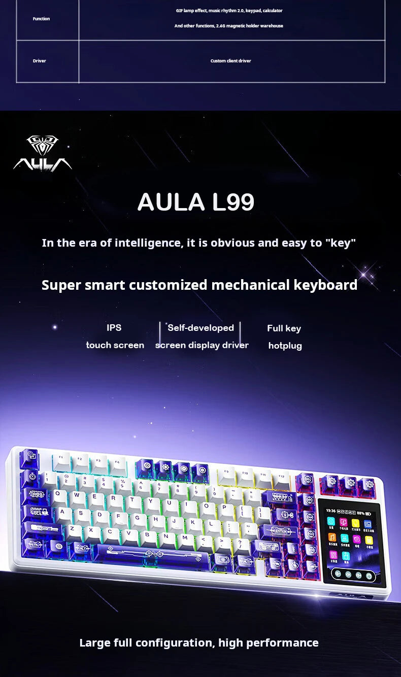 AULA L99 Mechanical Keyboard Intelligent Screen Wireless Bluetooth Gasket Structure Gaming Keyboard RGB  Lighting Night Vision