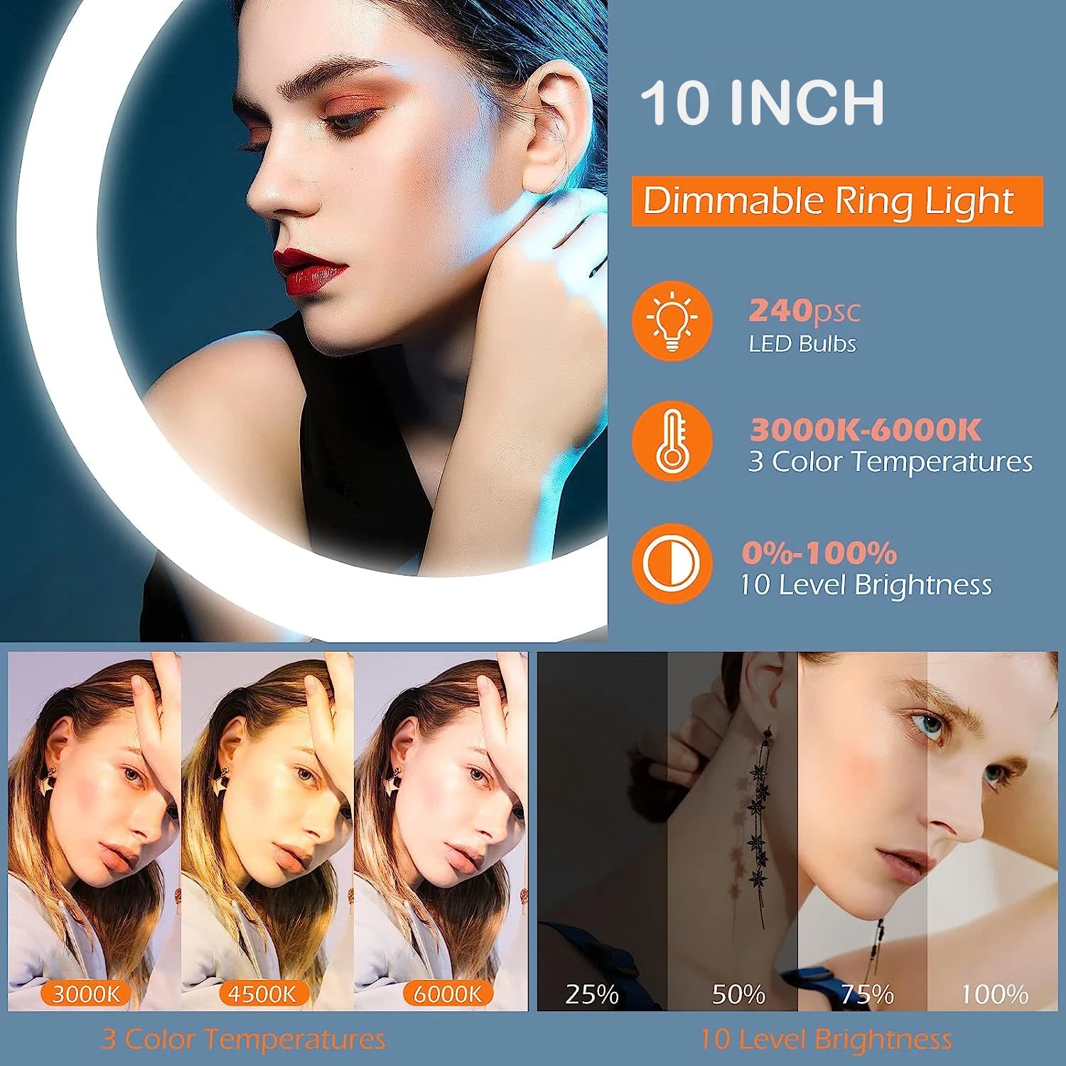 10-inch LED ring light with adjustable brightness and color temperature for photography and video lighting.